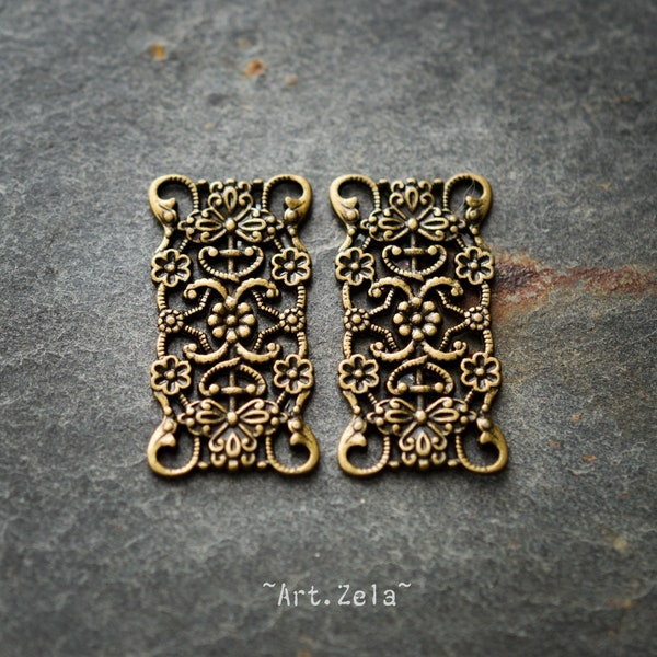 CONNECTEURS FILIGRANES RECTANGULAIRES X4 Connecteurs Métal Motifs Floraux Bronze Vieilli 31x16mm  [B_36]