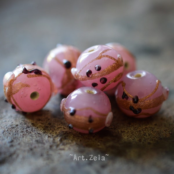 PERLES ARTISANALES INDIENNES X6 Perles Verre Rose Opalescent Noir Doré 10/14 mm [19_09]