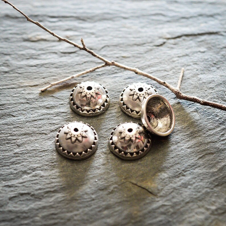 2 PCS rustic Aged silver metal cups made in Europe nomadic tribal ethnic 16 x 7 mm engraved metal caps