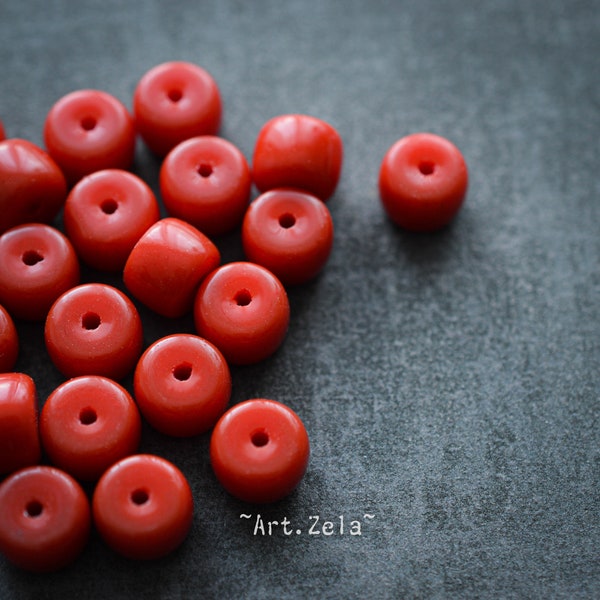 RONDELLES ROUGE COQUELICOT X10 Perles Artisanales Verre Indonésien Lisse Opaque ~8x6mm [20_17]