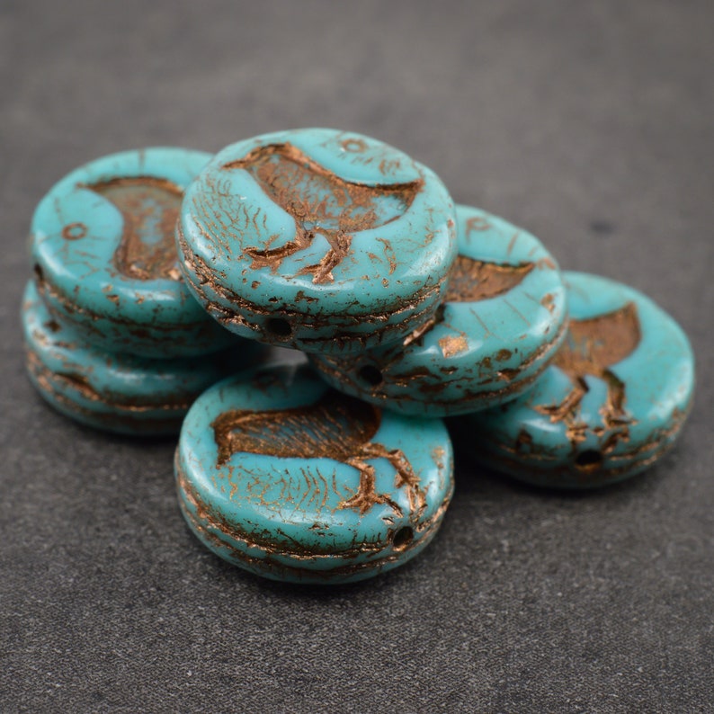 6 Pcs 12mm Pearls Round and Flat Picasso Turquoise Copper