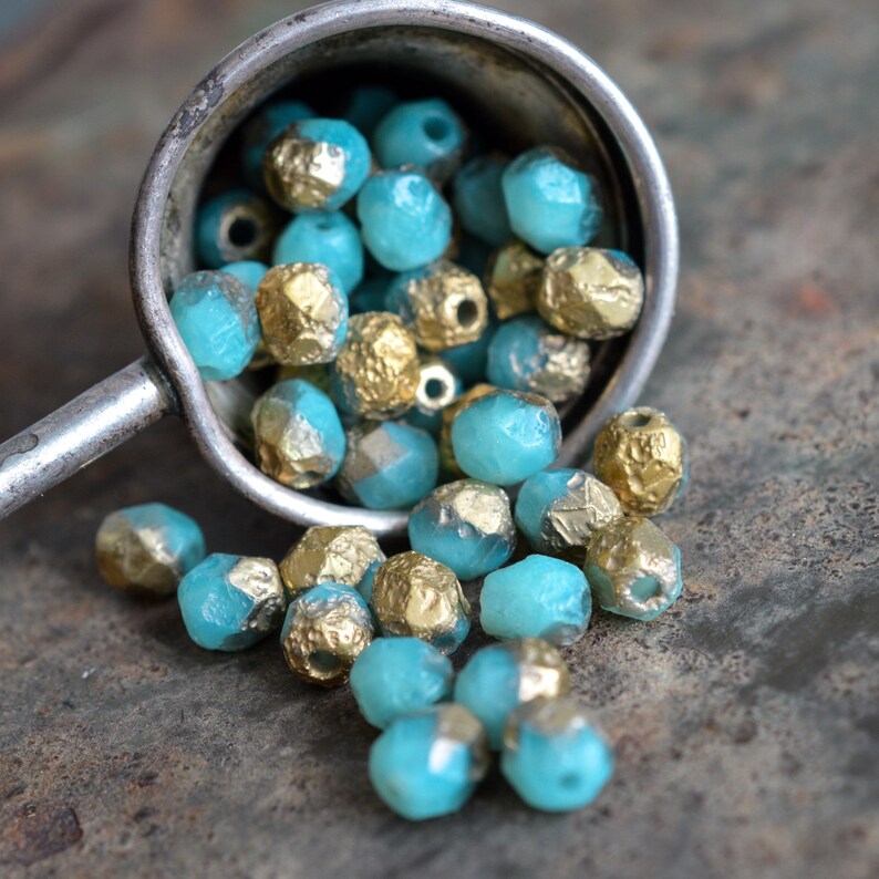 Lot De 100 Perles Vintage En Verre Tchèque 6mm - Couleur Turquoise Marron - Formes Rondes Et Plates