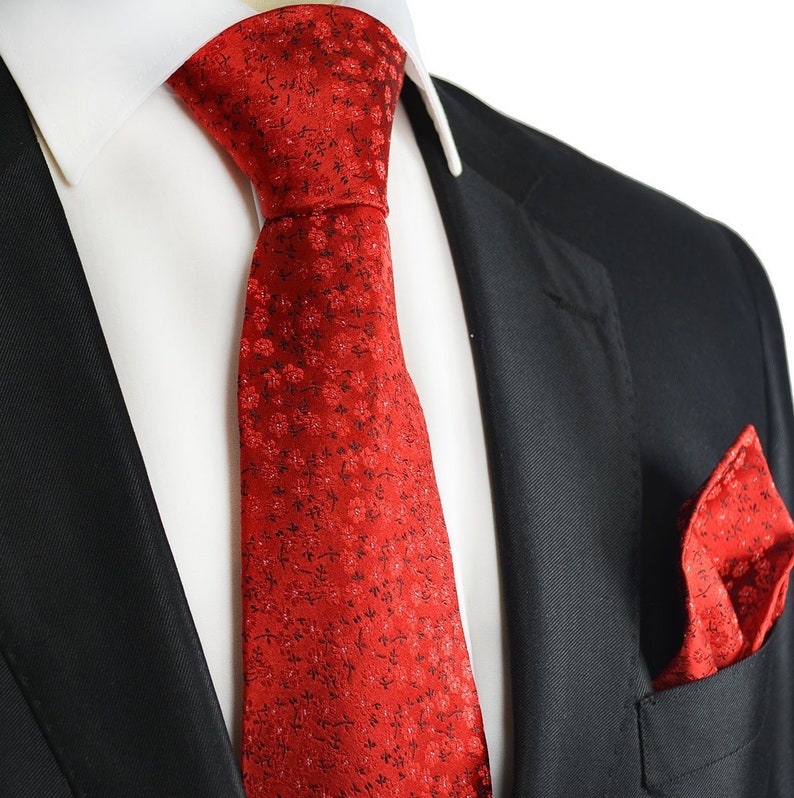 Red and Black Silk Tie and Pocket Square Paul Malone Red Line 