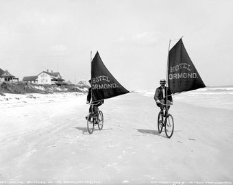 1903 Sailing Bicycles on Ormond Beach, Florida Vintage Photograph 11&quot; x 17&quot; - - Historic Scene --