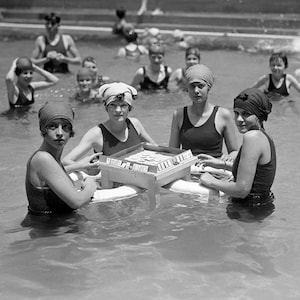 1924 Playing Mah-Jong in the Pool Vintage Photograph Instant Download - - Historic Scene --