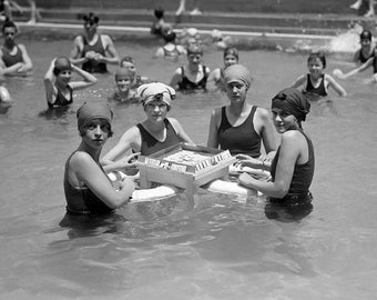 1924 Playing Mah-Jong in the Pool Vintage Photograph Instant Download
