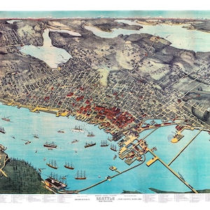 1891 Seattle Washington Birdseye View Map Art Print 13/" x 19/" Reproduction