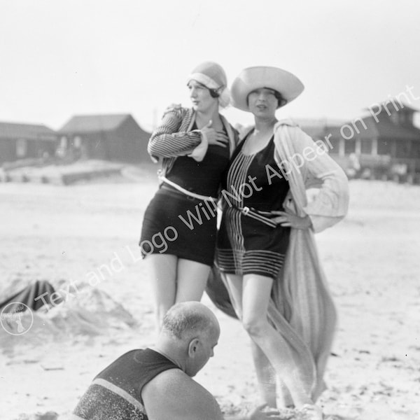Two Bathing Beauties and a Man, Long Beach, New York Vintage Old Photo Art Print