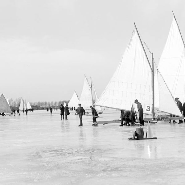 1900 Ice Yachting on Lake St. Clair, MI Vintage Photograph  Art Print
