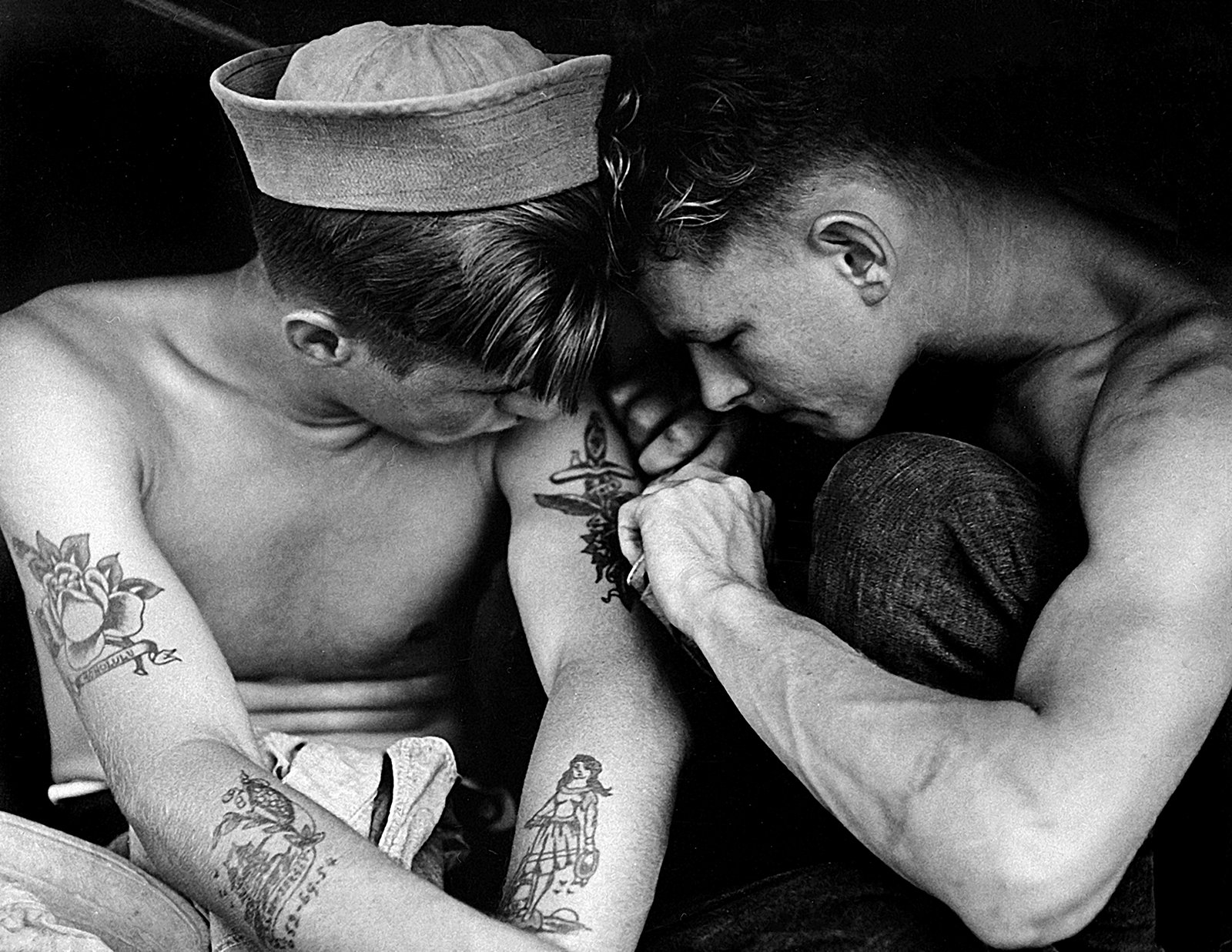 1944 USS New Jersey Sailor Getting Tattoo Vintage Photograph