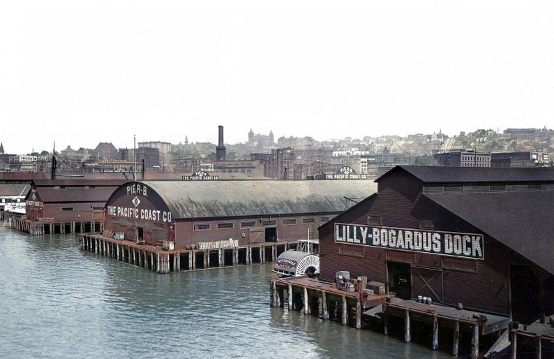 1905 Seattle Waterfront Vintage Old Photo 11 x 17 Reprint Colorized