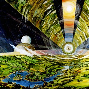 May include: A colorful painting depicting a landscape with a river, trees, and a distant view of a planet and moon. The sky is filled with swirling clouds and stars, creating a sense of wonder and mystery.