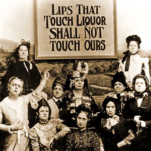 May include: A group of women in vintage clothing pose for a photo holding a sign that reads "Lips That Touch Liquor Shall Not Touch Ours".