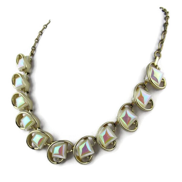 Vintage 1950s Thermoset Necklace White Iridescent Squares FREE US SHIPPING