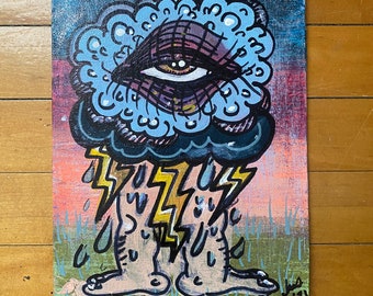 May include: A painting of a blue cloud with a large eye in the center. The cloud is raining yellow lightning bolts and water drops. The painting has a pink and orange background with green grass at the bottom.