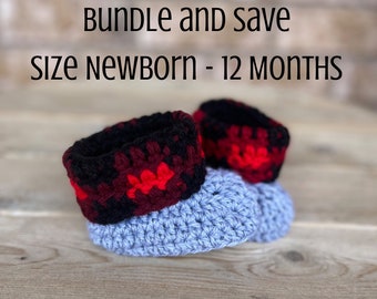 Crochet Baby Booties with Plaid Cuff - Size Newborn - 12 months