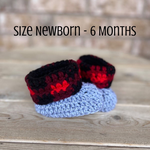 Crochet Baby Booties Pattern with Plaid Cuff - Size Newborn - Size 6 months