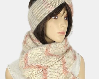 Large shoulder-warmer stole in wool, kid mohair and coral-colored silk and matching headband - hand-knitted - gift for women