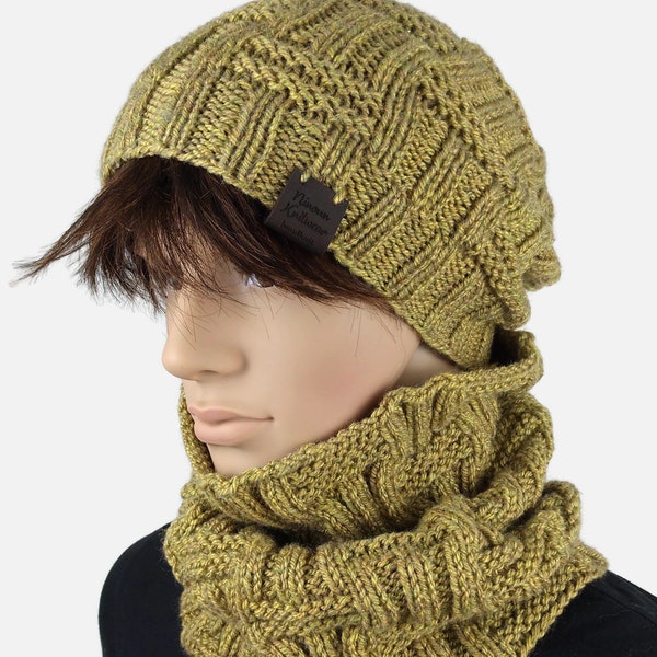 Ensemble col tour de cou et bonnet pour homme - tricoté main