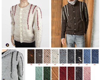 Chaqueta cardigan chaleco cuello redondo en tweed de lana merino para hombre - Hecho a la medida - tejido y bordado a mano