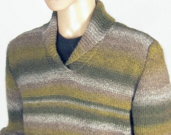 Men's sweater shawl neck in alpaca and wool - size L (wide) - Hand-knitted - gift for men