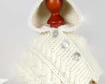 Ecru cape poncho for baby in blown baby alpaca and hand-knitted merino wool size 3 months - Useful birth gift