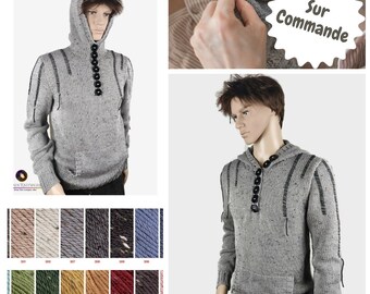 Pull à capuche en laine mérinos tweed pour homme - Sur commande - tricoté et brodé à la main