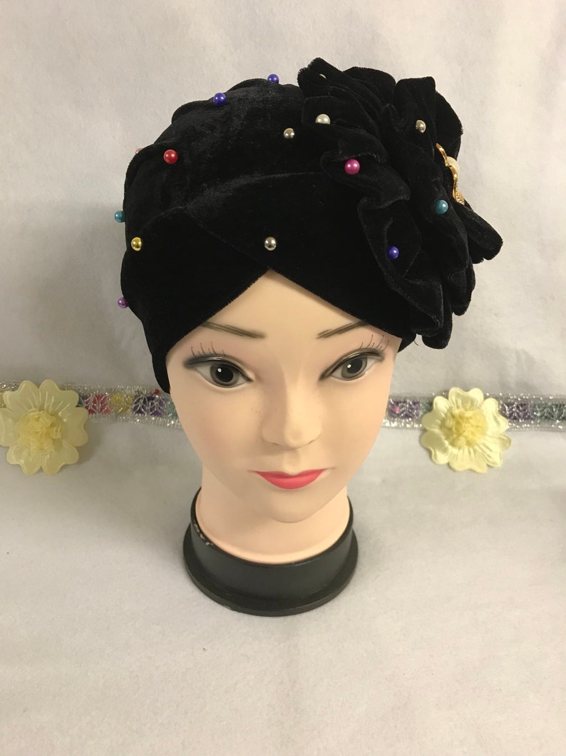 Black Velvet Hat/turban . Multil Coloured Pearls Velvet Etsy
