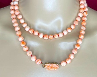 Vintage 50's/60's 36” Hand Knotted Angel Skin Coral Necklace Carved Rose Clasp 8mm beads