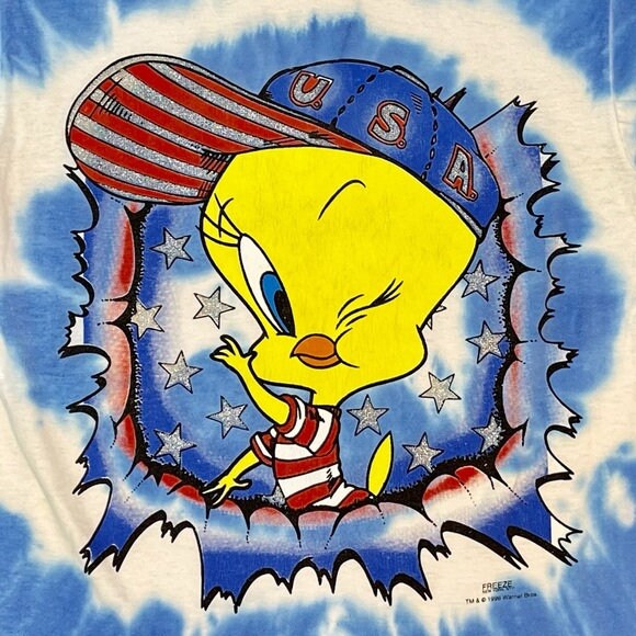 T-shirt Vintage Looney Tunes Tweety 1996 - Tie Dye Bleu - Taille L Enfant - Coton - Occasion