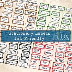 May include: A collection of printable stationery labels in various colors and designs. The labels feature words like "Notes", "Pens", "Letter", "Staples", "Books", "Writing Paper", "Planner", "Diary", "Pencil", "Envelopes", "To Do", "Vellum", "Maps", "Typewriter", "Prans", "Mathematical Instruments", "Designs", "News Print", "Note Book", "Stationery", "Writing Set", "RSVP", "Letterhead", "Handwriting".