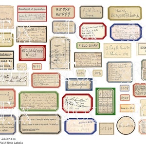 May include: A collection of vintage-style labels with handwritten text and illustrations. The labels are in various colors, including red, green, blue, and yellow. The labels feature text such as "Field Diary", "Botanical Garden", and "Vulpes virginianus".