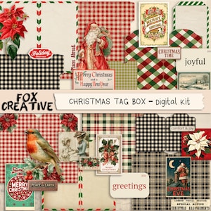May include: A digital kit titled FOX CREATIVE CHRISTMAS TAG BOX featuring various holiday-themed elements including a Santa Claus illustration, a robin, poinsettias, plaid patterns, and vintage-style cards with text like Merry Christmas and joyful.