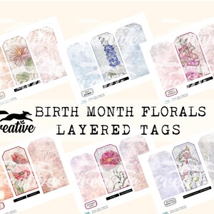 May include: Set of printable layered tags featuring floral illustrations for each month of the year. The tags are designed in a vintage style with a distressed background and include the name of the flower and month.