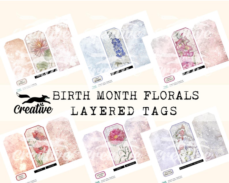 May include: Set of printable layered tags featuring floral illustrations for each month of the year. The tags are designed in a vintage style with a distressed background and include the name of the flower and month.