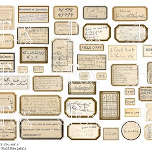 May include: A collection of vintage-style labels with handwritten text and illustrations. The labels are in various shapes and sizes, with a brown and cream color scheme. Some of the labels include text such as "Field Diary", "Botanical Garden Herbarium", and "Vulpes virginianus".