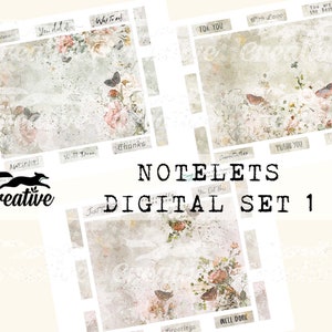 May include: A digital set of printable notelets with a vintage aesthetic. The notelets feature a watercolor background with floral designs and butterflies. The text on the notelets includes "You Did It", "Way To Go", "For You", "With Love", "You Are The Best", "Awesome", "Will Do", "Thanks", "Congratulations", "Thank You", "Friend", "You Got This", "Just For You", "Greetings", and "Well Done".