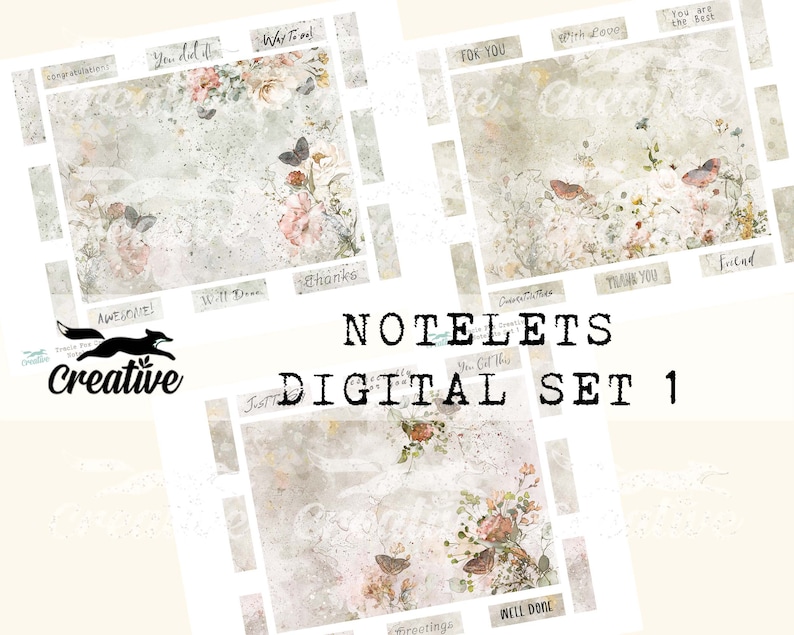 May include: A digital set of printable notelets with a vintage aesthetic. The notelets feature a watercolor background with floral designs and butterflies. The text on the notelets includes "You Did It", "Way To Go", "For You", "With Love", "You Are The Best", "Awesome", "Will Do", "Thanks", "Congratulations", "Thank You", "Friend", "You Got This", "Just For You", "Greetings", and "Well Done".