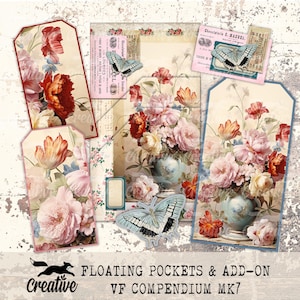 May include: A digital collage sheet with floral designs, butterflies, and vintage text. The sheet includes a variety of floral arrangements, including roses, tulips, and peonies. The butterflies are in shades of blue and white. The text is in French and includes the words "Chocolaterie E. Mazuel" and "Lourdes".