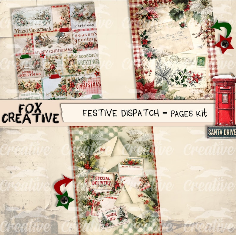 May include: A festive paper kit with Christmas-themed designs. The kit includes various patterned papers, tags, and envelopes with holiday imagery, such as poinsettias, birds, and seasonal greetings. The text "Festive Dispatch - Pages Kit" is visible.