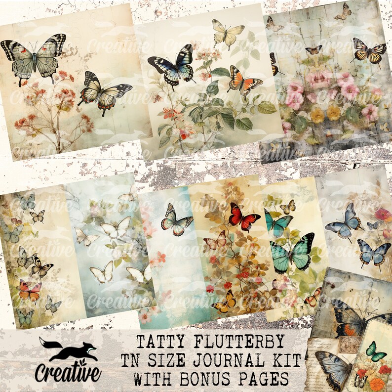 May include: A digital collage sheet featuring vintage-style illustrations of butterflies and flowers. The sheet is divided into nine squares, each with a different design. The butterflies are in various colours, including blue, green, red, and yellow. The flowers are in shades of pink, yellow, and white. The sheet is perfect for scrapbooking, card making, and other paper crafts.