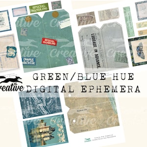 GROENE/BLAUWE TINT, kortstondig digitaal dagboek, gelaagde kaarten, afdrukbaar plakboek kortstondig, digitale kit, DIGI22 34