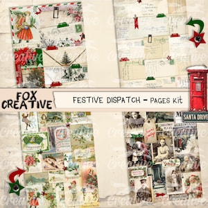 May include: A collage of vintage Christmas-themed ephemera, including postcards, envelopes, and illustrations. The design features a red postbox, festive graphics, and the text "Festive Dispatch - Pages Kit". The color palette includes red, green, and cream.
