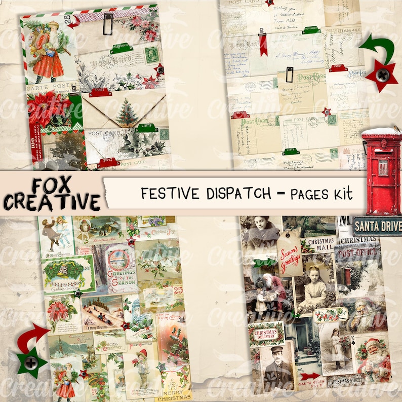 May include: A collage of vintage Christmas-themed ephemera, including postcards, envelopes, and illustrations. The design features a red postbox, festive graphics, and the text "Festive Dispatch - Pages Kit". The color palette includes red, green, and cream.