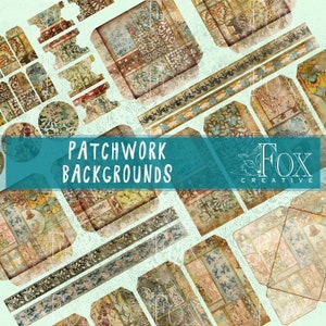 May include: A collection of digital paper backgrounds featuring patchwork designs in various shades of brown, blue, and green. The papers are arranged in a collage style with the text "PATCHWORK BACKGROUNDS" and "FOX CREATIVE" visible.
