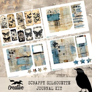 May include: A digital scrapbooking kit with a blue and brown color scheme. The kit includes various elements such as tags, frames, and papers. The kit is titled "Scrappy Silhouette Journal Kit".
