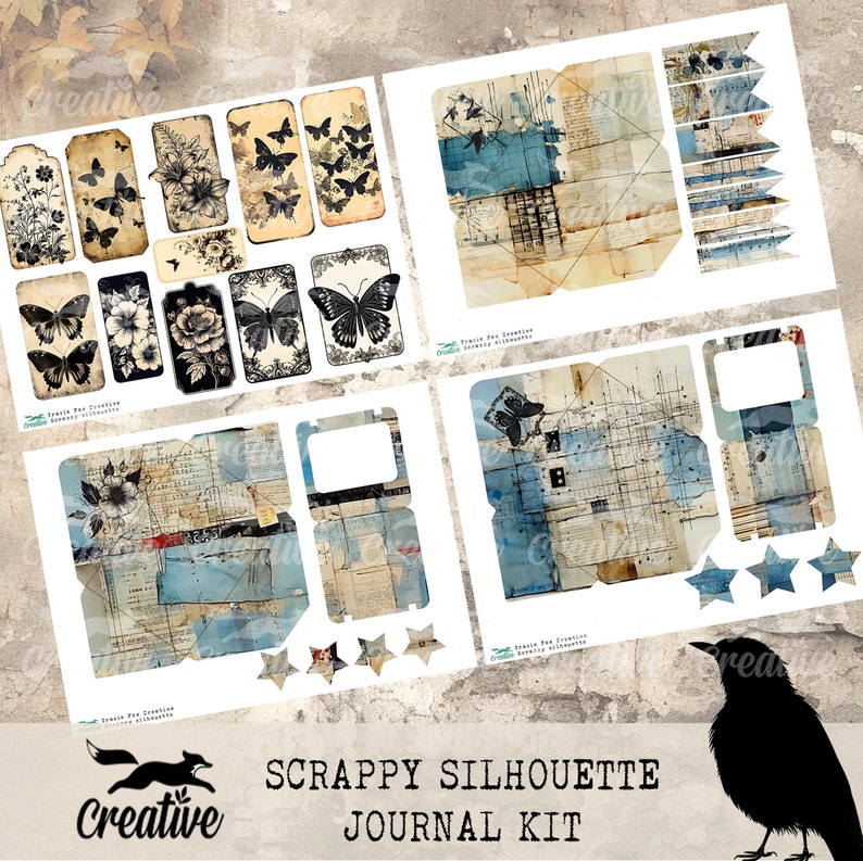 May include: A digital scrapbooking kit with a blue and brown color scheme. The kit includes various elements such as tags, frames, and papers. The kit is titled "Scrappy Silhouette Journal Kit".