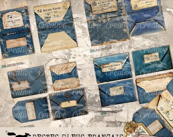 May include: A digital paper pack with 10 vintage blue envelopes with French text. The envelopes have a distressed look and are perfect for scrapbooking, card making, and other paper crafts.