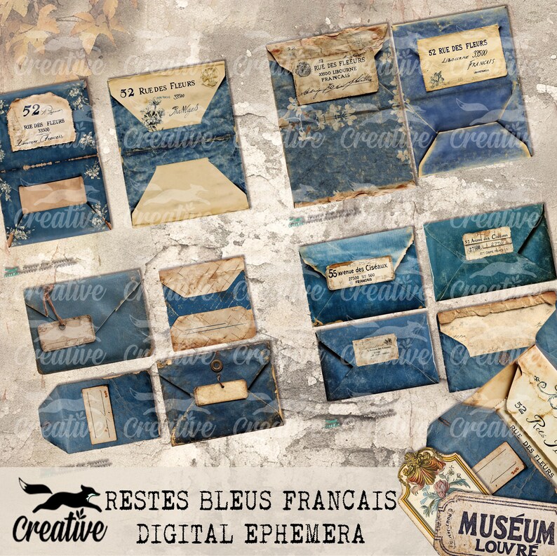 May include: A digital paper pack with 10 vintage blue envelopes with French text. The envelopes have a distressed look and are perfect for scrapbooking, card making, and other paper crafts.