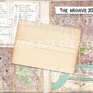 May include: A collage of vintage ephemera, including ledger paper, handwritten notes, and antique maps. The maps depict urban areas with detailed street layouts and green spaces. The text "THE ARCHIVE 2025" is visible.